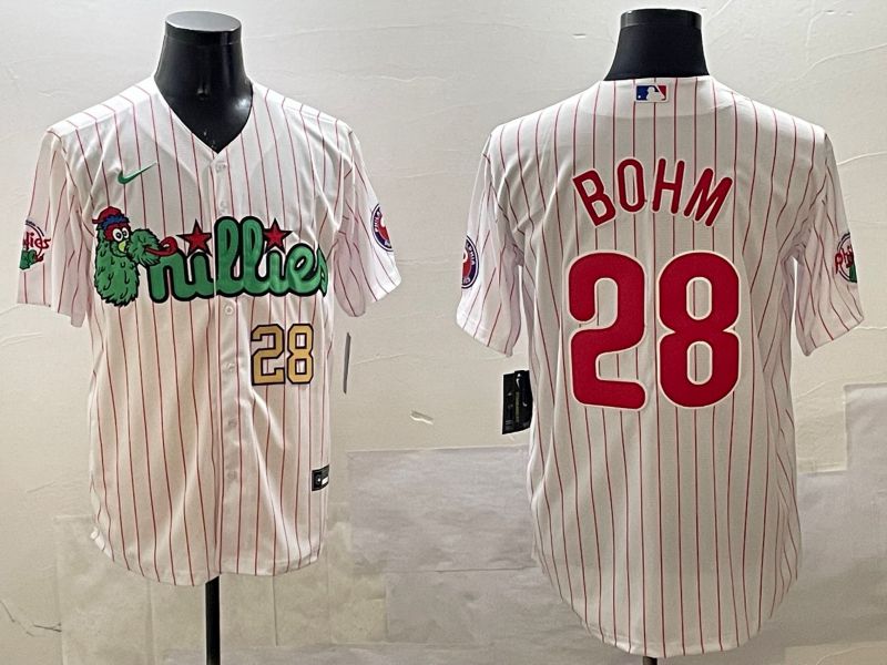 Men Philadelphia Phillies 28 Bohm White Stripe Three generations Joint Name Game 2025 Nike MLB Jersey style 2